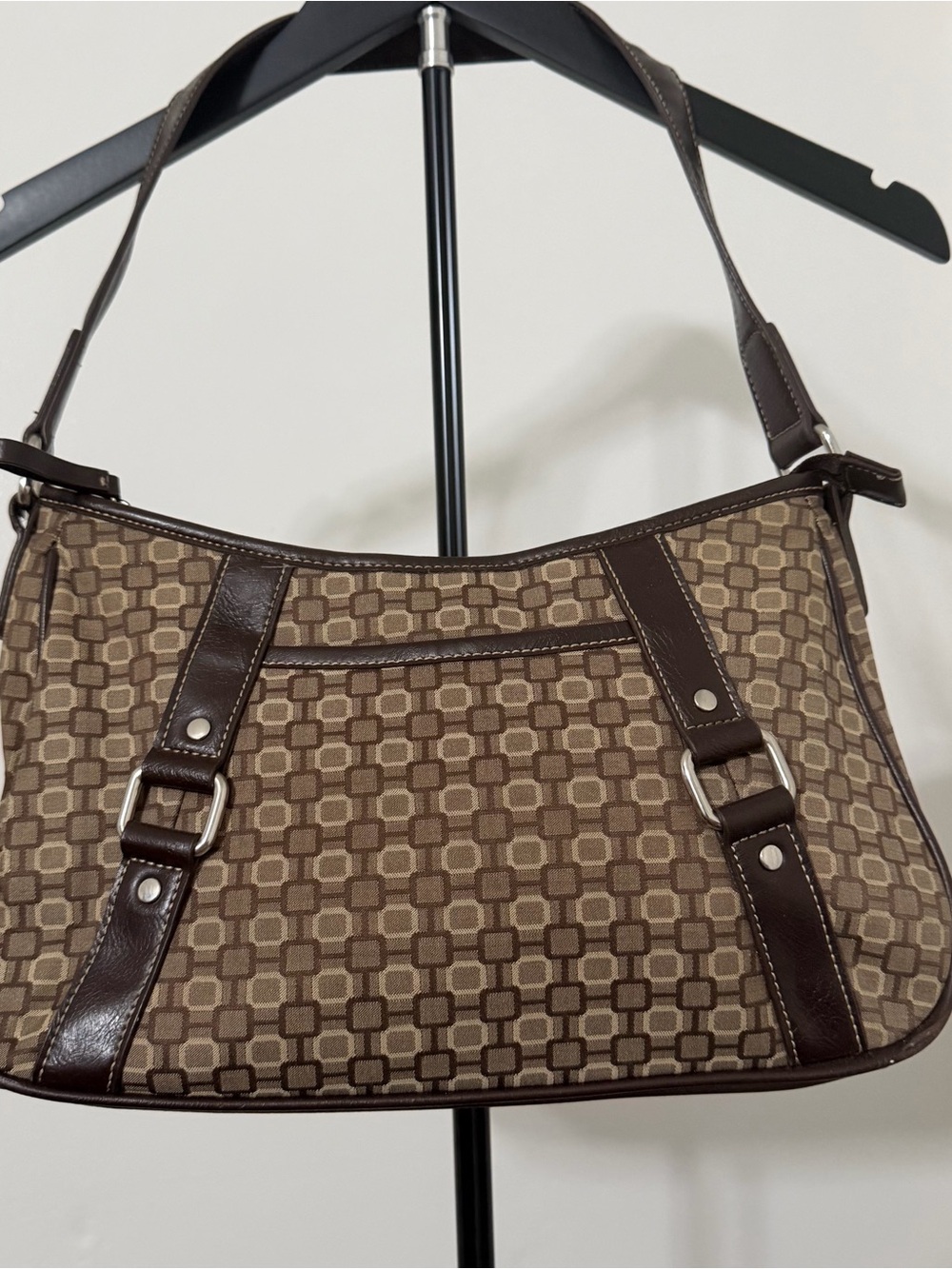 Patterned Brown Shoulder Bag with Dark Trim